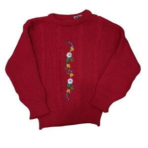 Charming Red Knit Sweater with Floral Embroidery
